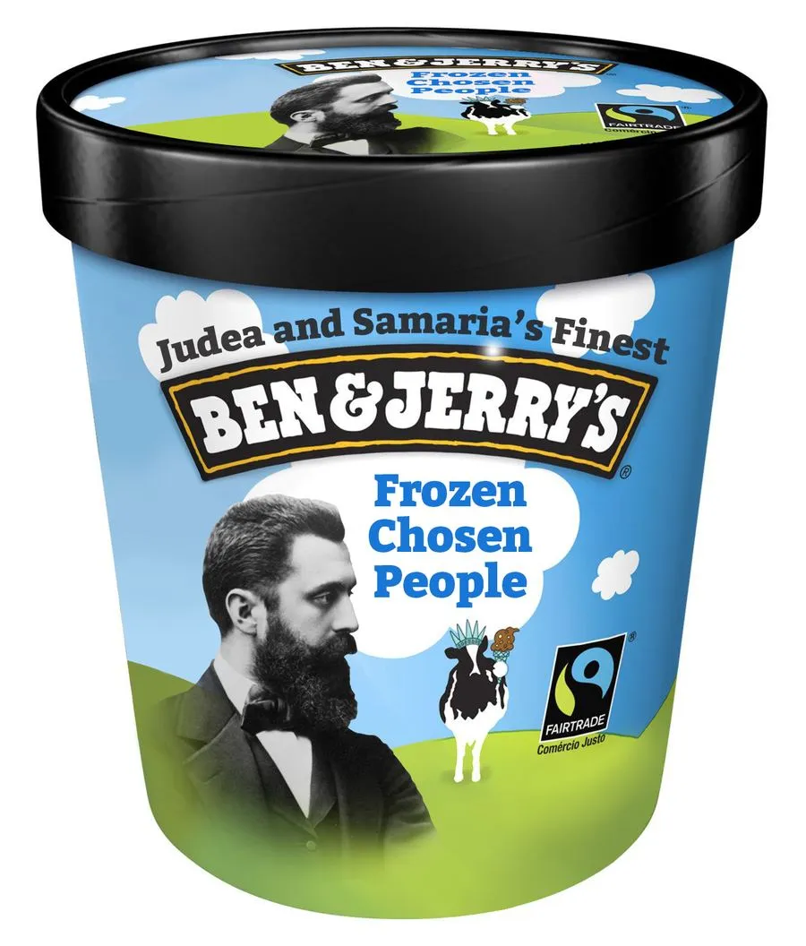A parody Ben & Jerry’s pint labeled “Judea and Samaria’s Finest” and “Frozen Chosen People”, with a portrait of Herzl