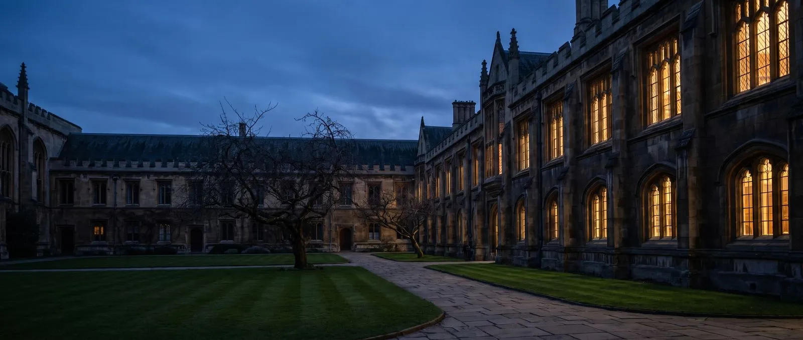 A university quadrangle at dusk (illustration)