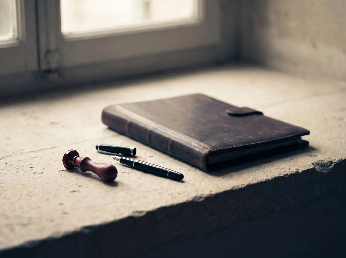 A leather document folder, fountain pen and wax seal on a stone windowsill (AI-generated illustration)