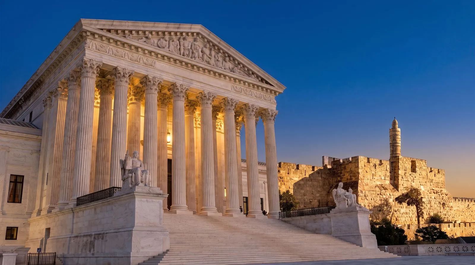A neoclassical courthouse beside the walls and tower of Jerusalem’s Citadel at dusk (composite image)