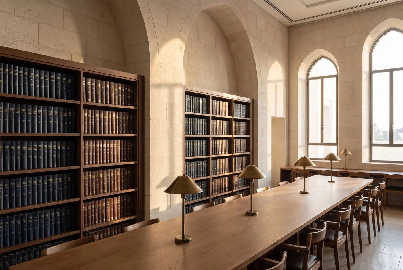 An empty law library reading room with stone arches and brass reading lamps