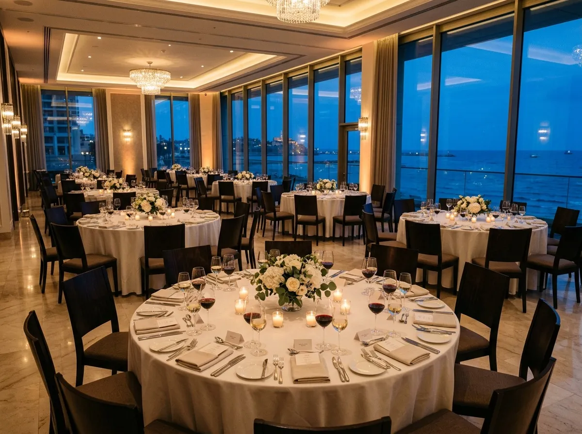 Round tables laid for a banquet dinner, the sea at dusk beyond tall windows