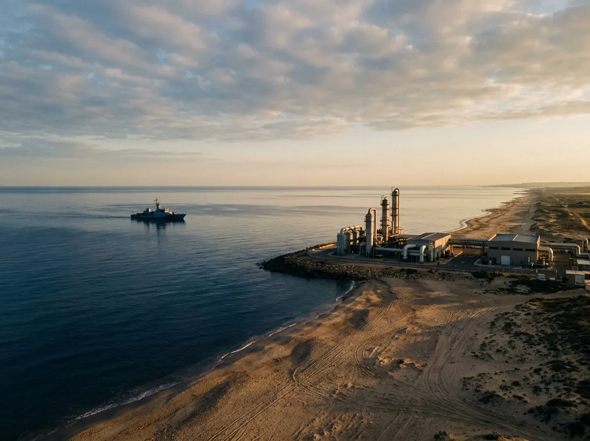 A desalination plant on the shore at sunrise, a naval vessel offshore
