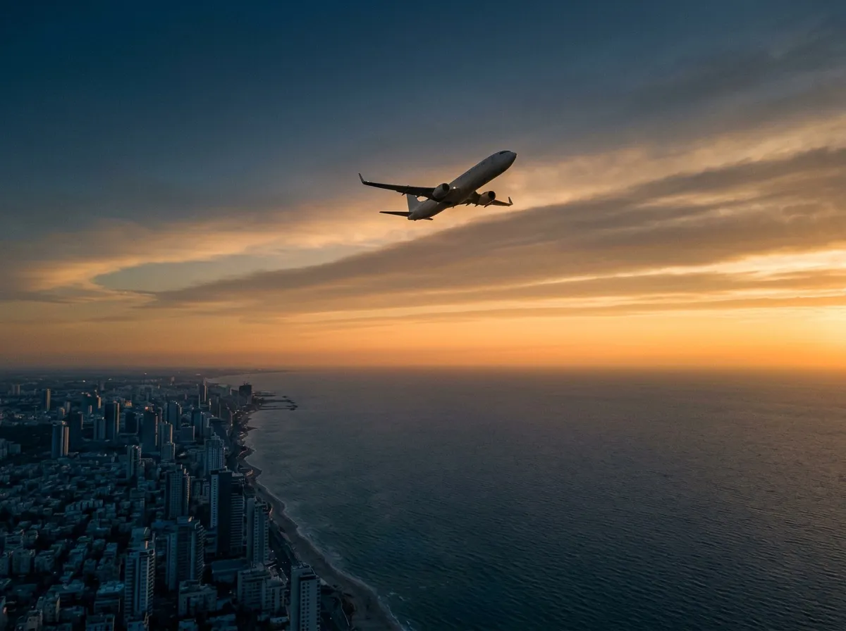 A plane climbing over the Tel Aviv coastline at sunrise