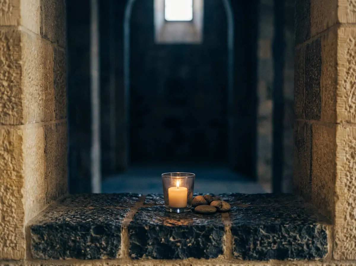 A memorial candle and small stones on a dark stone ledge in a dim hall