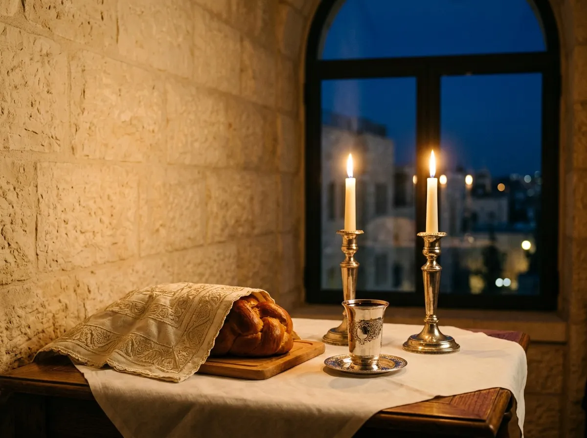 Lit Shabbat candles, a covered challah and a kiddush cup on a table by a Jerusalem stone wall