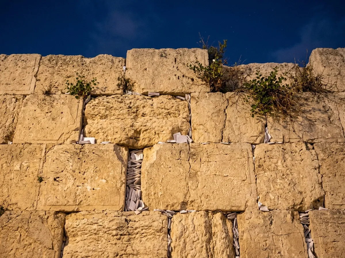 Folded prayer notes in the cracks of the Western Wall’s ancient stones at dusk