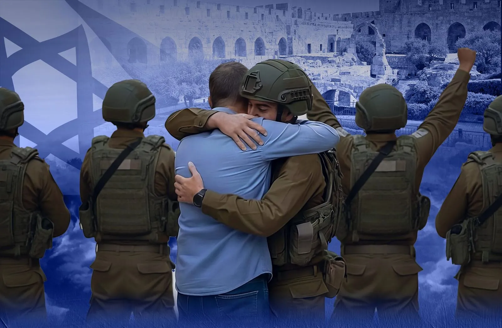 A soldier embraces a civilian as fellow soldiers look on, over an Israeli flag and stone arches