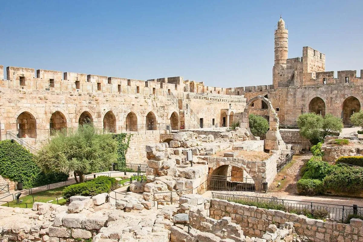 The walls of Jerusalem’s Old City and the Tower of David on a clear day