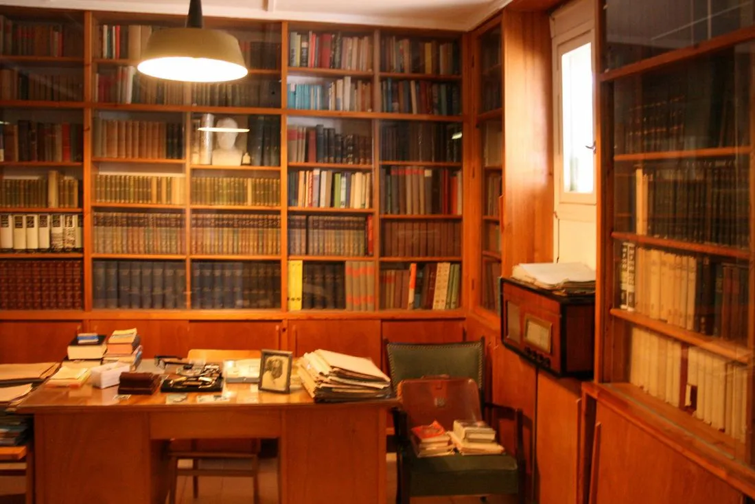 A book-lined study with a desk at Ben-Gurion’s desert home in Sde Boker