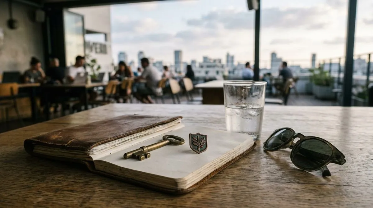 A notebook, key and sunglasses on a rooftop table overlooking Tel Aviv